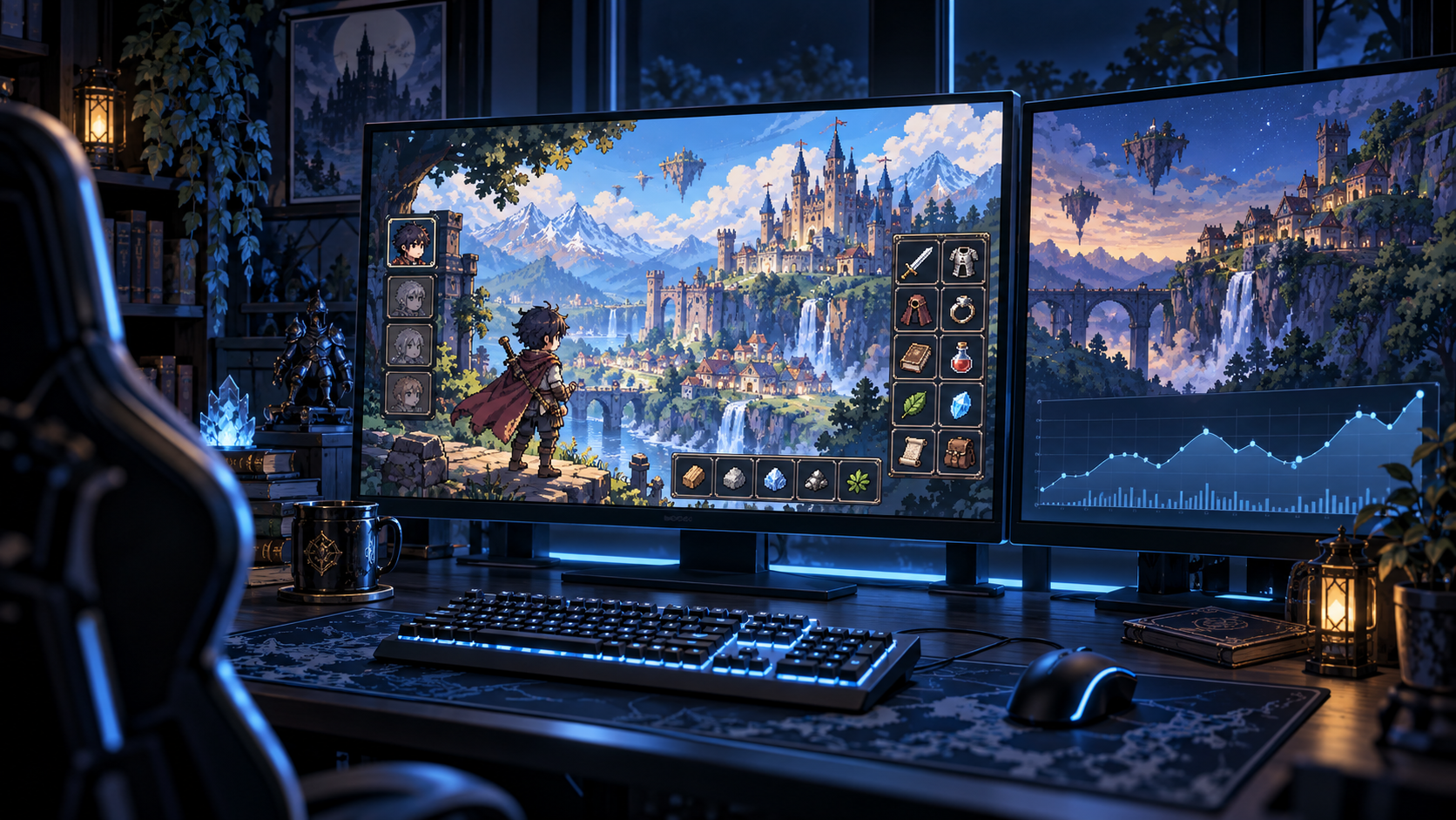 PC com teclado e mouse, jogos de fantasia medieval em pixel art e interfaces nas telas